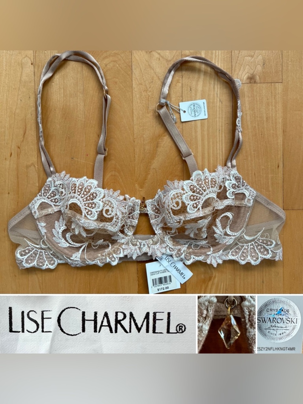💎NWT Lise Charmel Dressing Floral Demi Bra Ambre Nacre Swarovski 32B Nude Lace